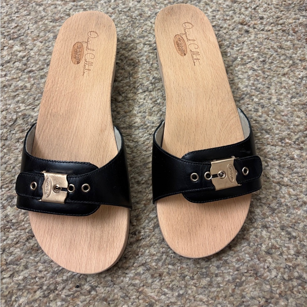 Dr. Scholl's Black Leather Mules with Gold Buckle